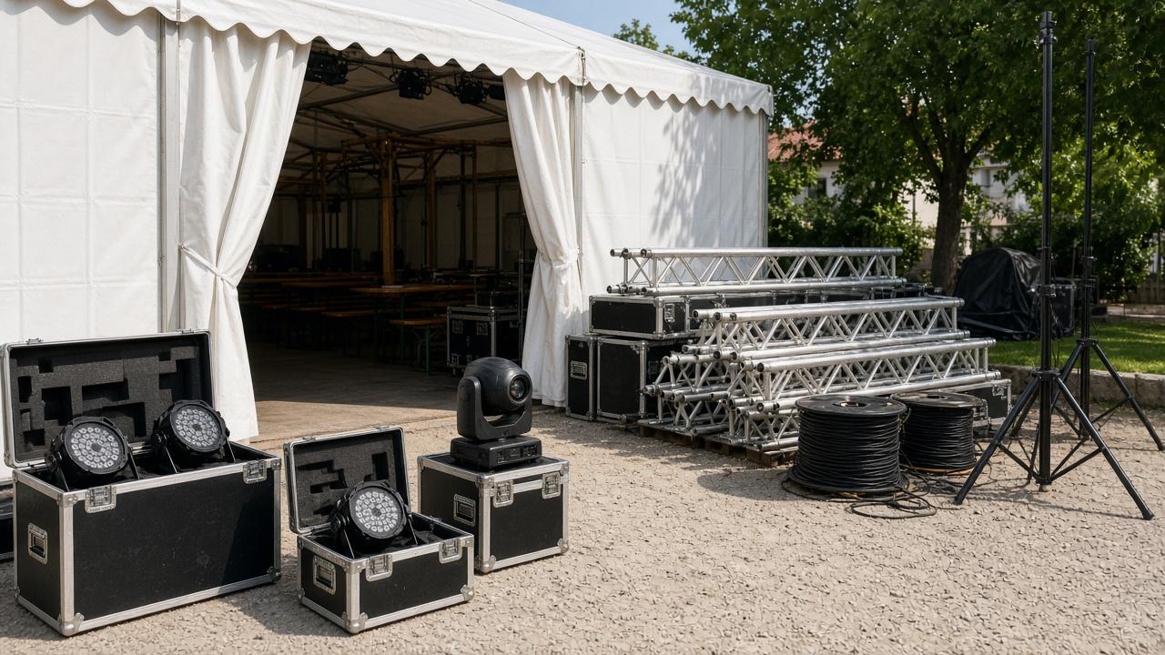 Cases, Traversen und Moving Heads bereit für den Aufbau am Festzelt