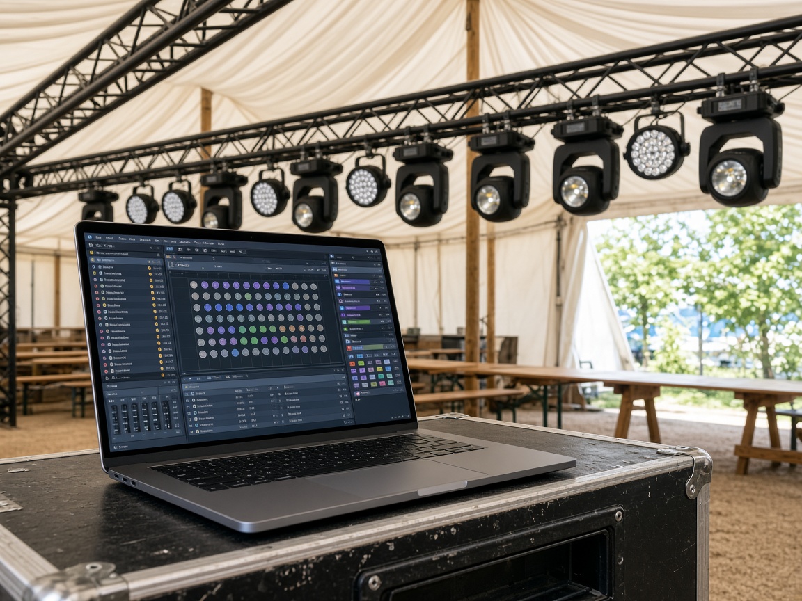 Laptop-Lichtsteuerung mit Moving Heads an der Traverse im Festzelt